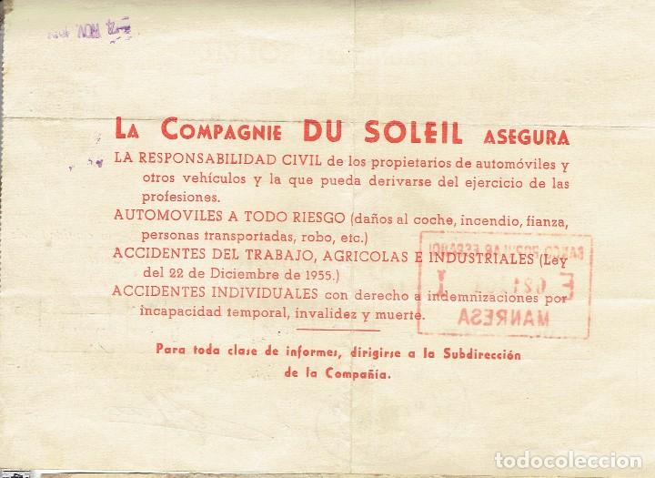 Documentos antiguos: RECIBO COMPA&Ntilde;IA DE SEGUROS DU SOLEIL - 1961/2. - Foto 2