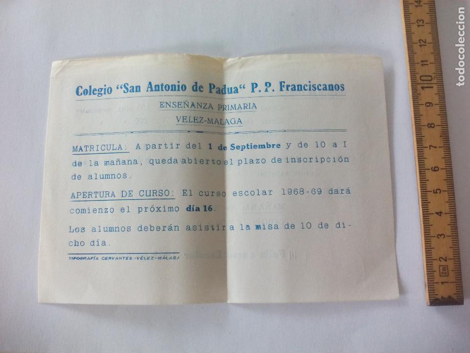 Documentos antiguos: COLEGIO SAN ANTONIO DE PADUA, FRANCISCANOS V&Eacute;LEZ-M&Aacute;LAGA, CURSO 1968-1969, MATRICULA, FOLLETO