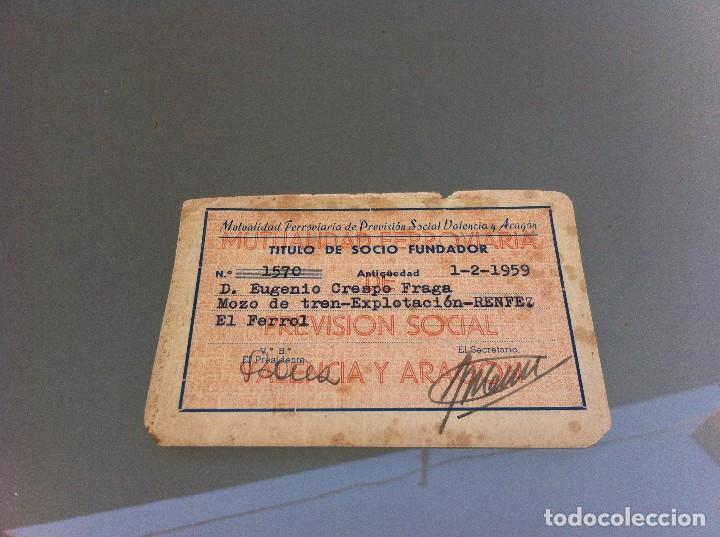 Documents Anciens: T&Iacute;TULO DE SOCIO FUNDADOR. MUTUALIDAD FERROVIARIA DE PREVISI&Oacute;N SOCIAL VALENCIA Y ARAG&Oacute;N. 1959