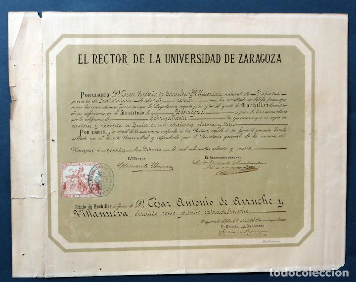 Documentos antiguos: T&iacute;tulo de Bachiller Rector Universidad de Zaragoza 1884 - Foto 1