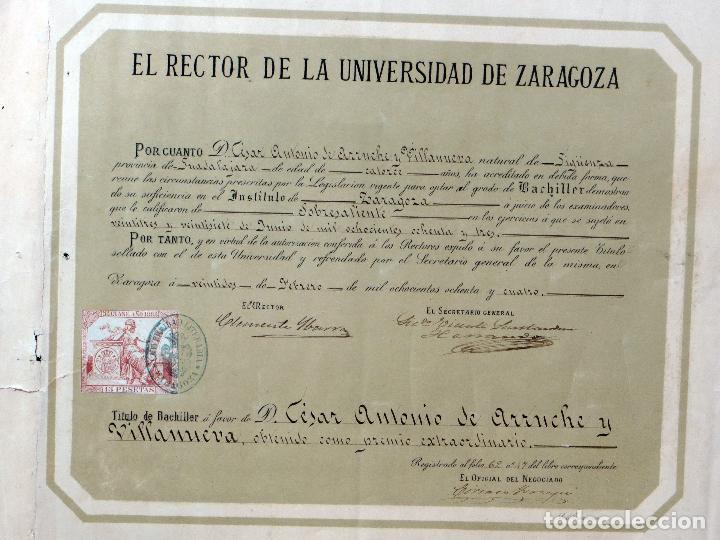 Documentos antiguos: T&iacute;tulo de Bachiller Rector Universidad de Zaragoza 1884 - Foto 2