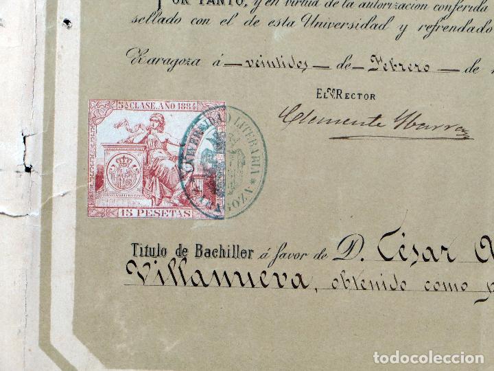 Documentos antiguos: T&iacute;tulo de Bachiller Rector Universidad de Zaragoza 1884 - Foto 3