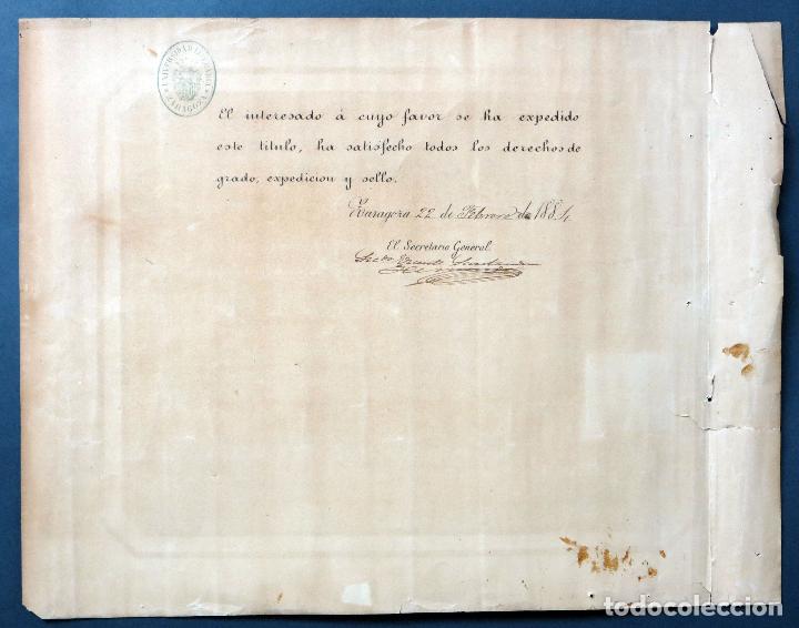 Documentos antiguos: T&iacute;tulo de Bachiller Rector Universidad de Zaragoza 1884 - Foto 4