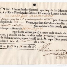 Documentos antiguos: MADRID 1765 RECIBO POR EL ALQUILER DE DOS PIEZAS QUE SIRVIERON ENLUTAR SAL EN PARROQUIA. Lote 117032023