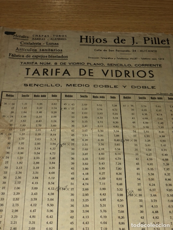 Documentos antiguos: Tarifa de PRECIO DE vidrios &bull;&bull; hijos de J. Pillet &bull;&bull; Calle San Fernando, Alicante