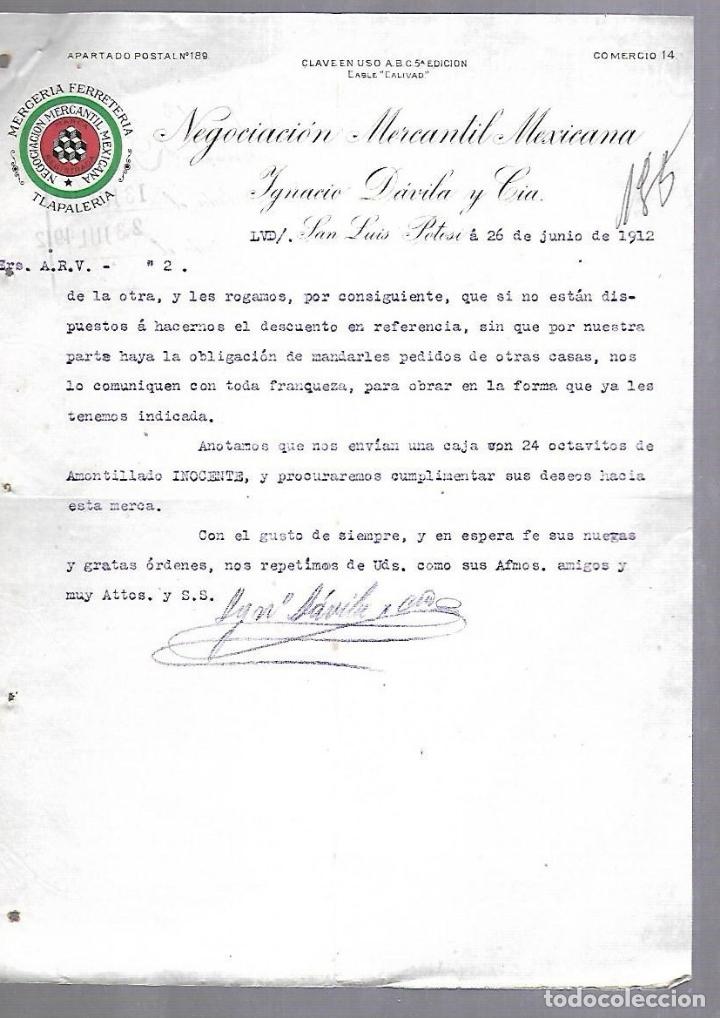 Documentos antiguos: CARTA COMERCIAL. MERCERIA FERRETERIA. NEGOCIACION MERCANTIL MEXICANA. 1912. SAN LUIS POTOSI