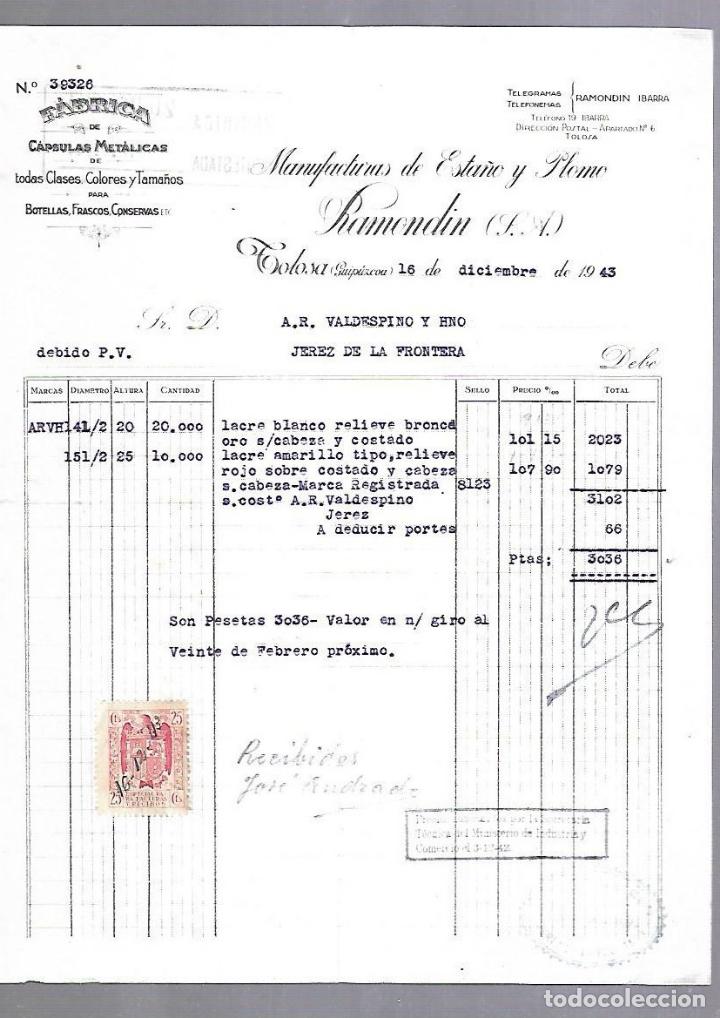 Documentos antiguos: FACTURA. CAPSULAS METALICAS. MANUFACTURAS DE ESTA&Ntilde;O Y PLOMO RAMONDIN. TOLOSA, GUIPUZCOA. 1943