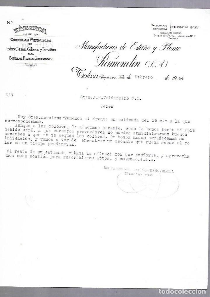 Documentos antiguos: CARTA COMERCIAL. CAPSULAS METALICAS. MANUFACTURAS ESTA&Ntilde;O Y PLOMO RAMONDIN. TOLOSA, GUIPUZCOA. 1943
