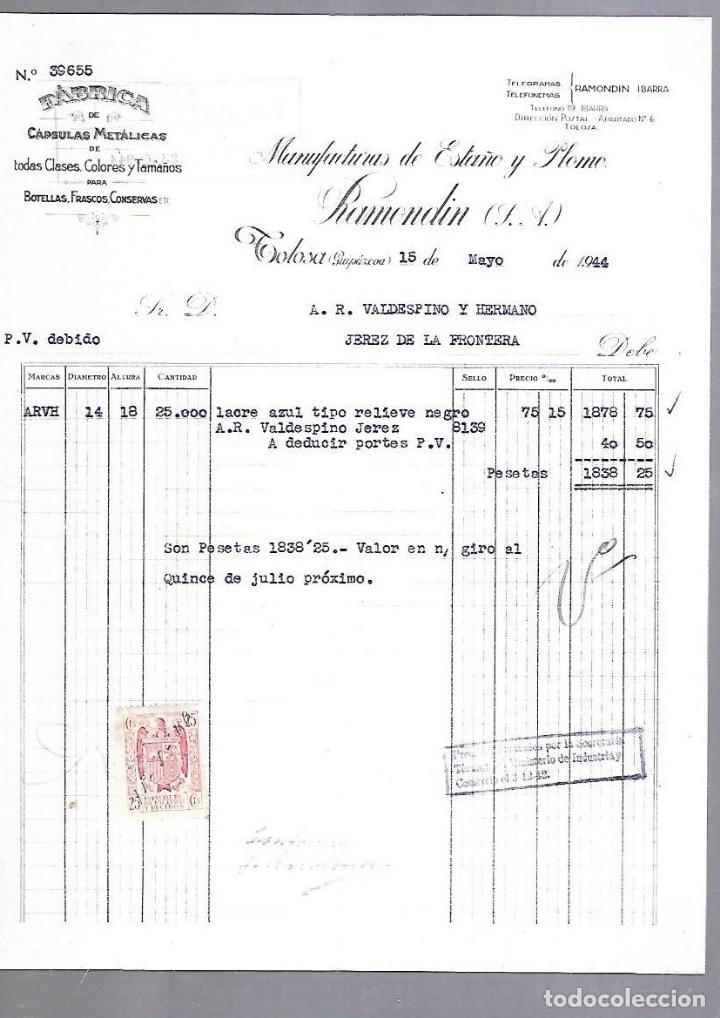 Documentos antiguos: FACTURA. CAPSULAS METALICAS. MANUFACTURAS ESTA&Ntilde;O Y PLOMO RAMONDIN. TOLOSA, GUIPUZCOA. 1943