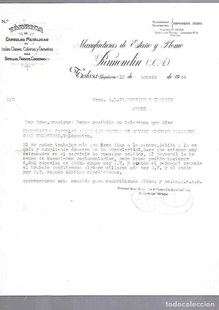 Documentos antiguos: CARTA COMERCIAL. CAPSULAS METALICAS. MANUFACTURAS ESTA&Ntilde;O Y PLOMO RAMONDIN. TOLOSA, GUIPUZCOA. 1944