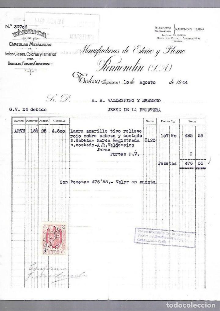 Documentos antiguos: FACTURA. CAPSULAS METALICAS. MANUFACTURAS ESTA&Ntilde;O Y PLOMO RAMONDIN. TOLOSA, GUIPUZCOA. 1944