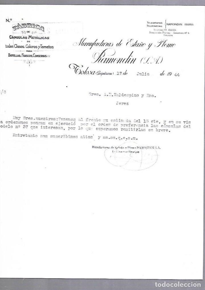 Documentos antiguos: CARTA COMERCIAL. CAPSULAS METALICAS. MANUFACTURAS ESTA&Ntilde;O Y PLOMO RAMONDIN. TOLOSA, GUIPUZCOA. 1944