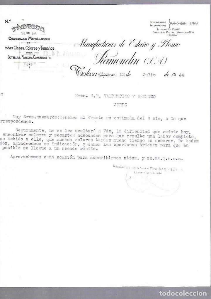 Documentos antiguos: CARTA COMERCIAL. CAPSULAS METALICAS. MANUFACTURAS ESTA&Ntilde;O Y PLOMO RAMONDIN. TOLOSA, GUIPUZCOA. 1944