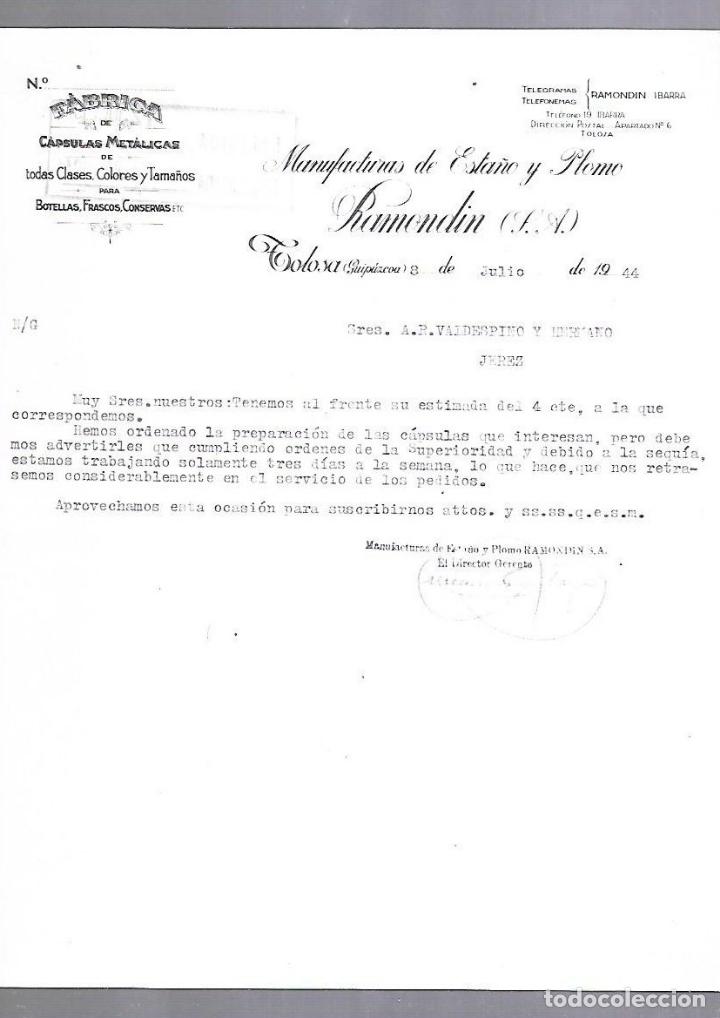 Documentos antiguos: CARTA COMERCIAL. CAPSULAS METALICAS. MANUFACTURAS ESTA&Ntilde;O Y PLOMO RAMONDIN. TOLOSA, GUIPUZCOA. 1944