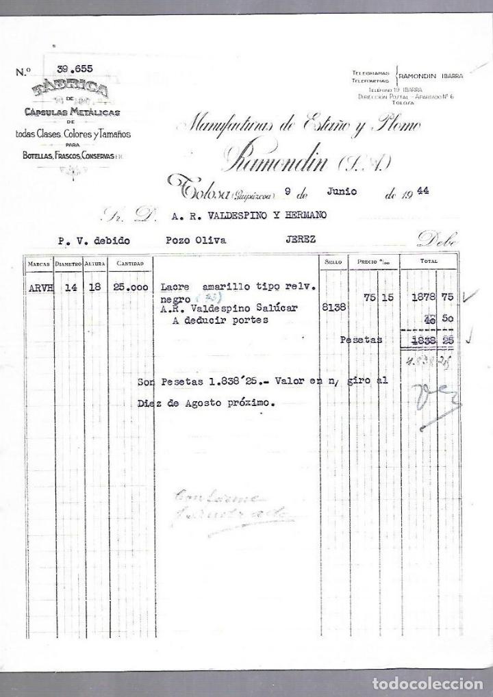 Documentos antiguos: FACTURA. CAPSULAS METALICAS. MANUFACTURAS ESTA&Ntilde;O Y PLOMO RAMONDIN. TOLOSA, GUIPUZCOA. 1944