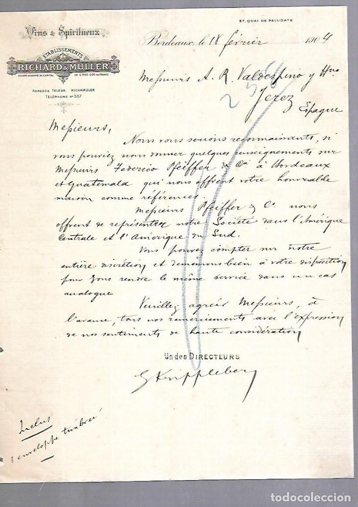 Documentos antiguos: CARTA COMERCIAL. VINOS. RICHARD & MULLER. BORDEAUX. 1904