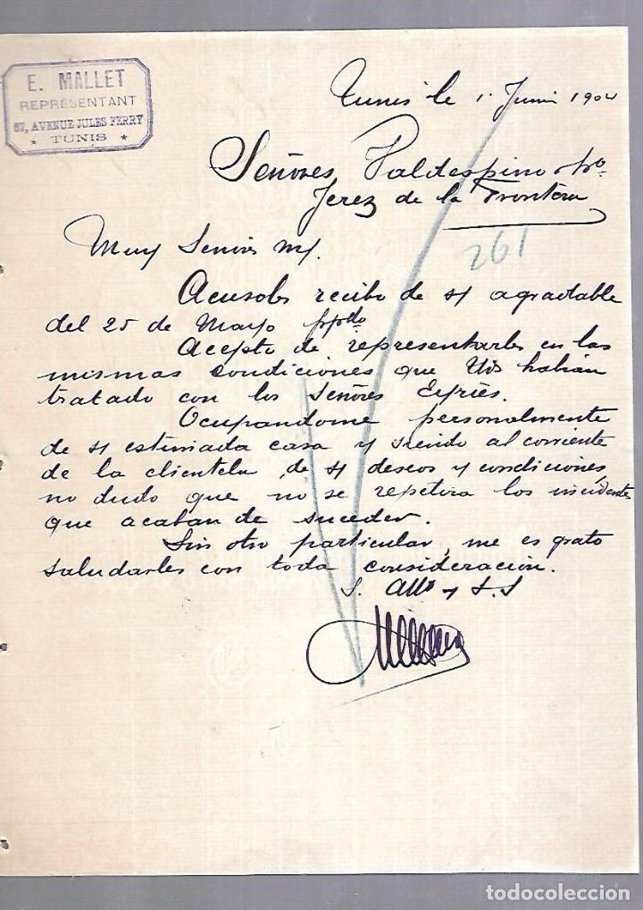 Documentos antiguos: CARTA COMERCIAL. REPRESENTANTE E. MALLET. TUNIS. 1904