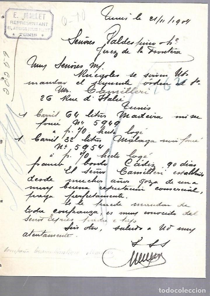 Documentos antiguos: CARTA COMERCIAL. REPRESENTANTE E.MALLET. TUNIS. 1904