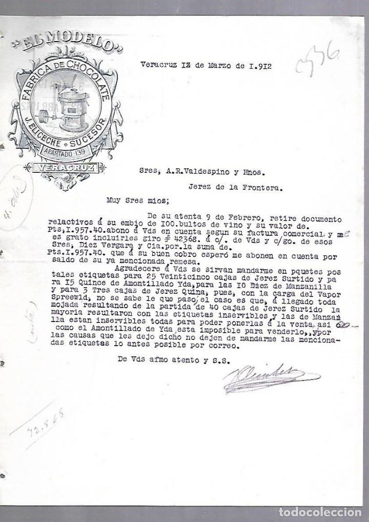 Documentos antiguos: CARTA COMERCIAL. EL MODELO. FABRICA DE CHOCOLATES. J.ELICECHE. VERACRUZ. 1912
