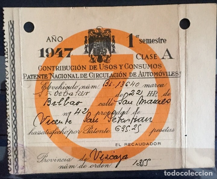 Old Documents: BILBAO-  PATENTE DE CIRCULACION DE AUTOMOVILES-  A&Ntilde;O  1.947-    STUDEBAKER