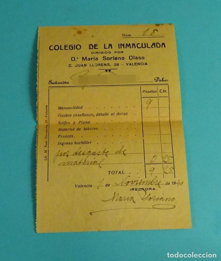 Documentos antiguos: MENSUALIDAD COLEGIO DE LA INMACULADA. VALENCIA. 1940 - Foto 1