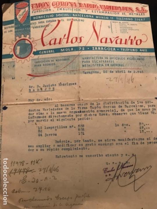 Documentos antiguos: ANTIGUA CARTA COMERCIAL TAP&Oacute;N CORONA RAPID Y VARIEDADES CARLOS NAVARRO ZARAGOZA 1946