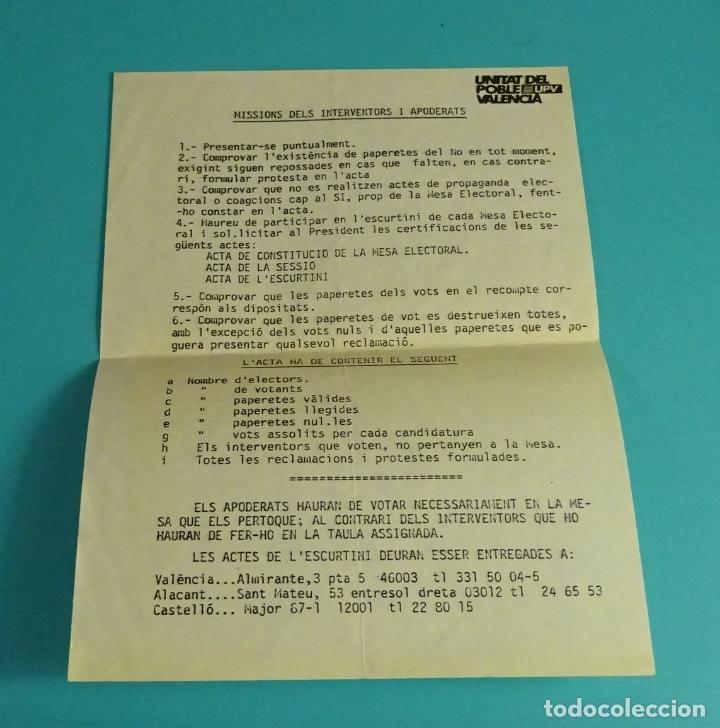 Documentos antiguos: CUARTILLA MISSIONS DELS INTERVENTORS I APODERATS. UNITAT DEL POBLE VALENCIA UPV - Foto 1