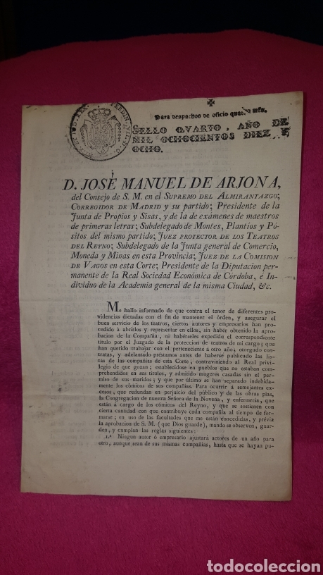 Documentos antiguos: TEATRO, NORMAS PARA EL FUNCIONAMIENTO DE LOS TEATROS. 1818 - Foto 1