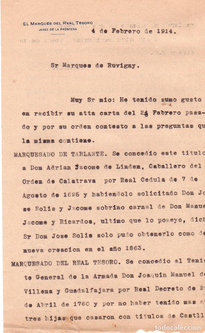 Documentos antiguos: CARTA DEL MARQUES DEL REAL TESORO AL MARQUES DE RUVIGNY. 1914. - Foto 1