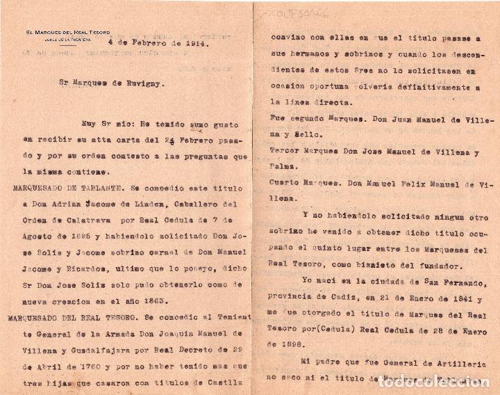 Documentos antiguos: CARTA DEL MARQUES DEL REAL TESORO AL MARQUES DE RUVIGNY. 1914. - Foto 2