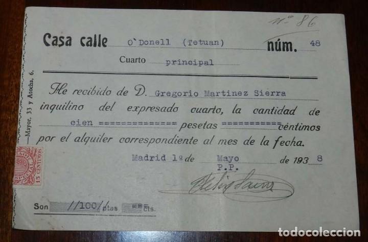 Alte Dokumente: RECIBO DE GREGORIO MARTINEZ SIERRA, INQUILINO DE LA CASA EN CALLE O&acute;DONELL (TETUAN), MADRID, MAYO DE