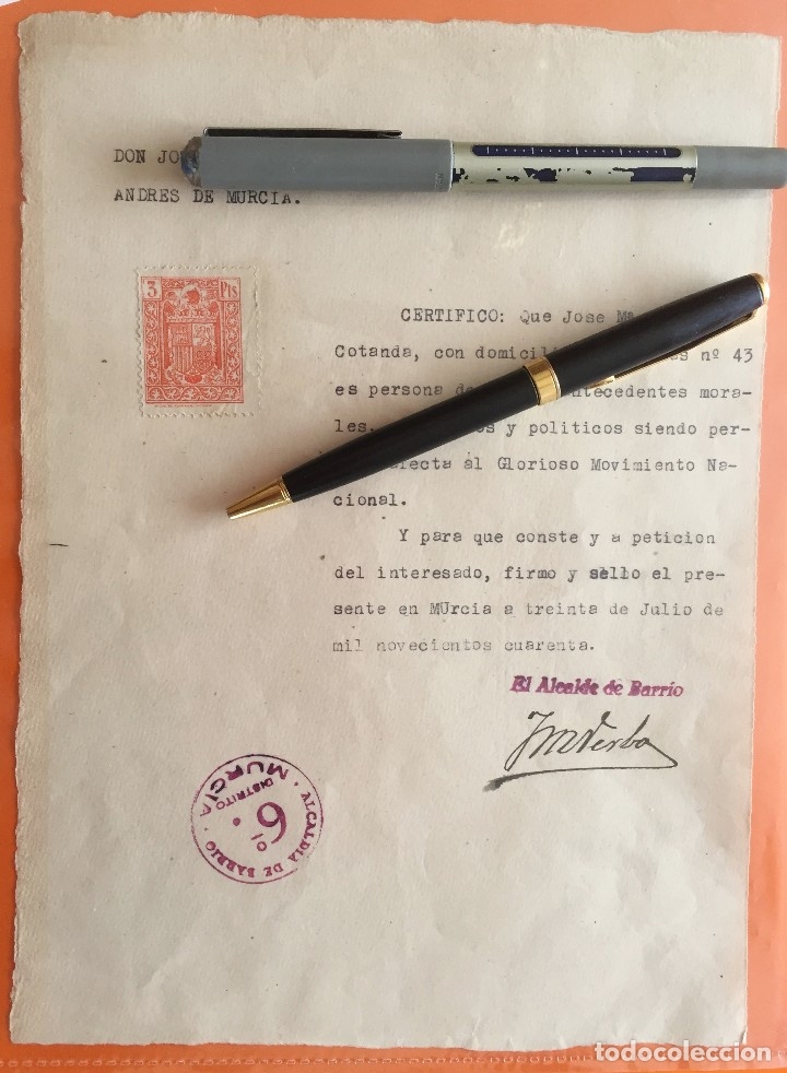 Old Documents: MURCIA- BARRIO DE SAN ANDRES- 1.940 - CERTIFICADO CONDUCTA- GUERRA CIVIL