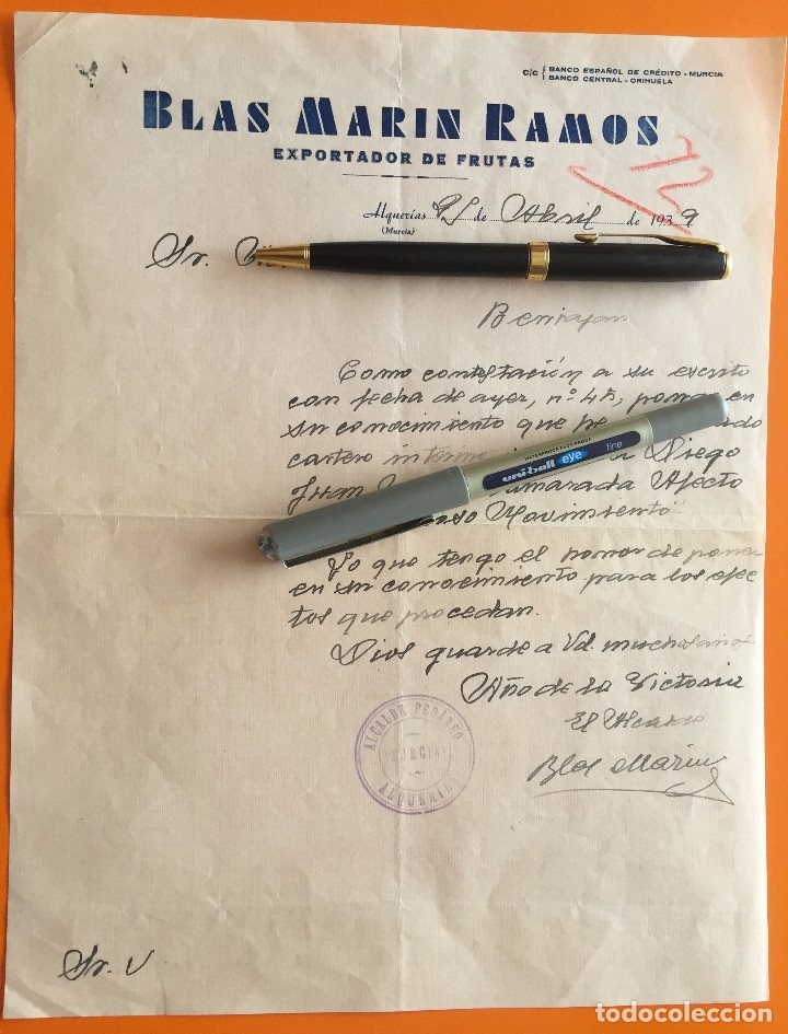 Old Documents: ALQUERIAS- BENIAJAN- MURCIA- GUERRA CIVIL 1.939