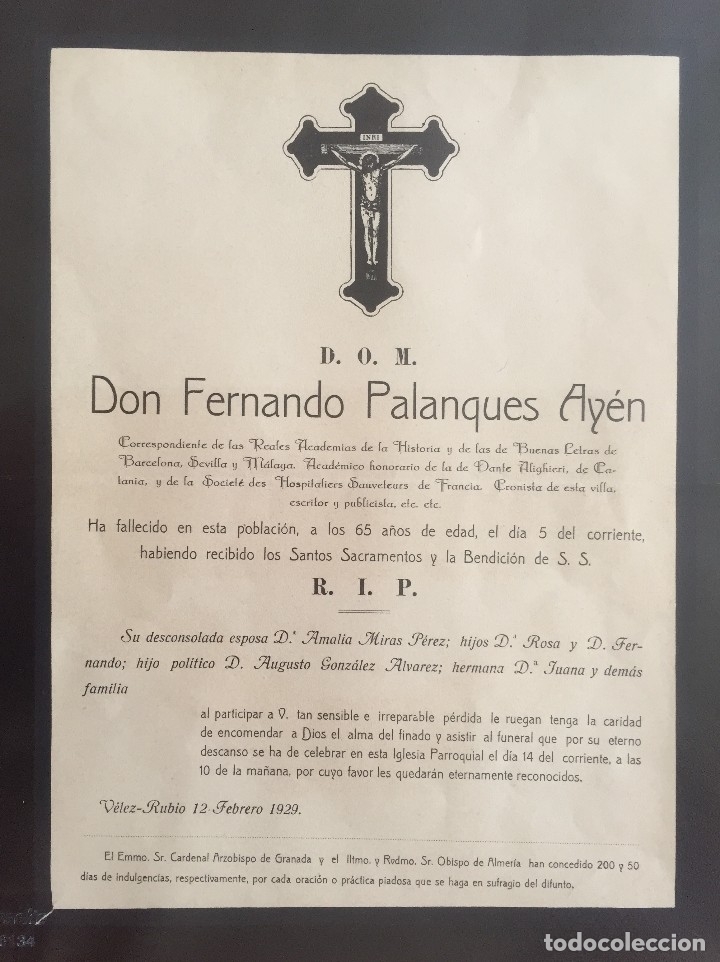 Old Documents: VELEZ RUBIO-  ALMERIA-     ESQUELA-    FERNANDO PALANQUES AYEN-   1.929