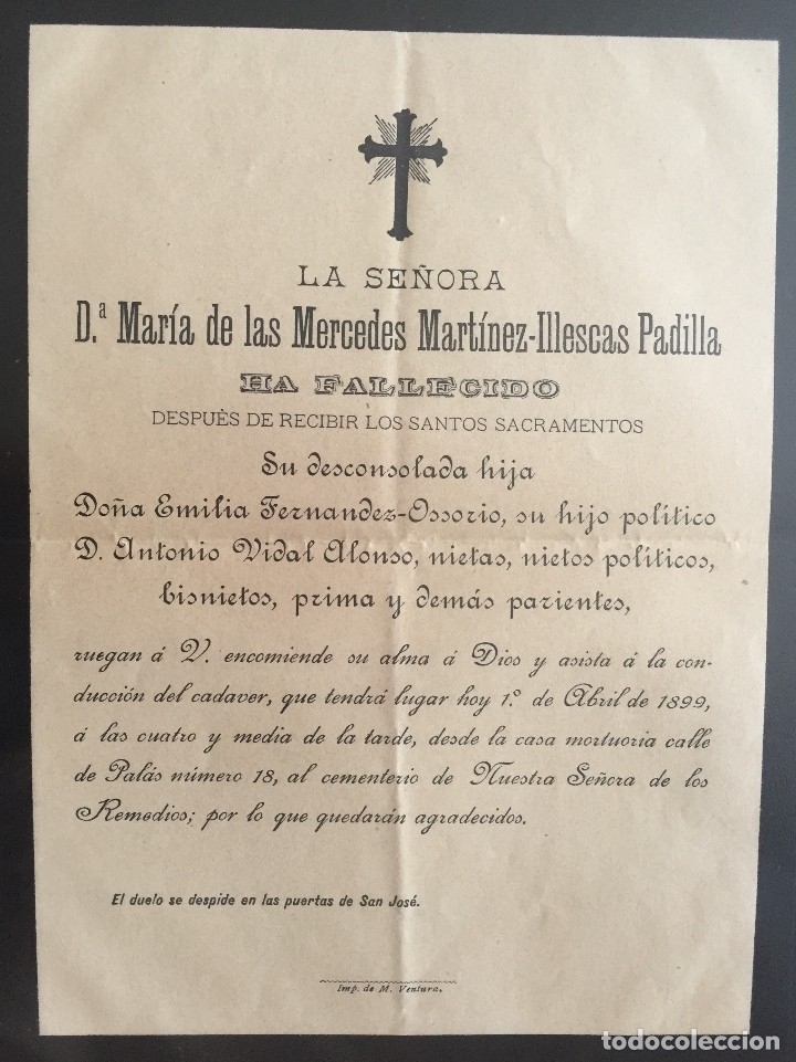 Old Documents: LORCA- MURCIA- ESQUELA- D&ordf; MARIA MERCEDES MARTINEZ- ILLESCAS PADILLA- 1.899