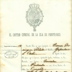 Documenti antichi: PUERTO RICO PASAPORTE SOLDADO LICENCIADO PONTEVEDRA. FIRMA CAPITÁN GENERAL. AÑO 1870. TAMAÑO FOLIO.. Lote 124215207