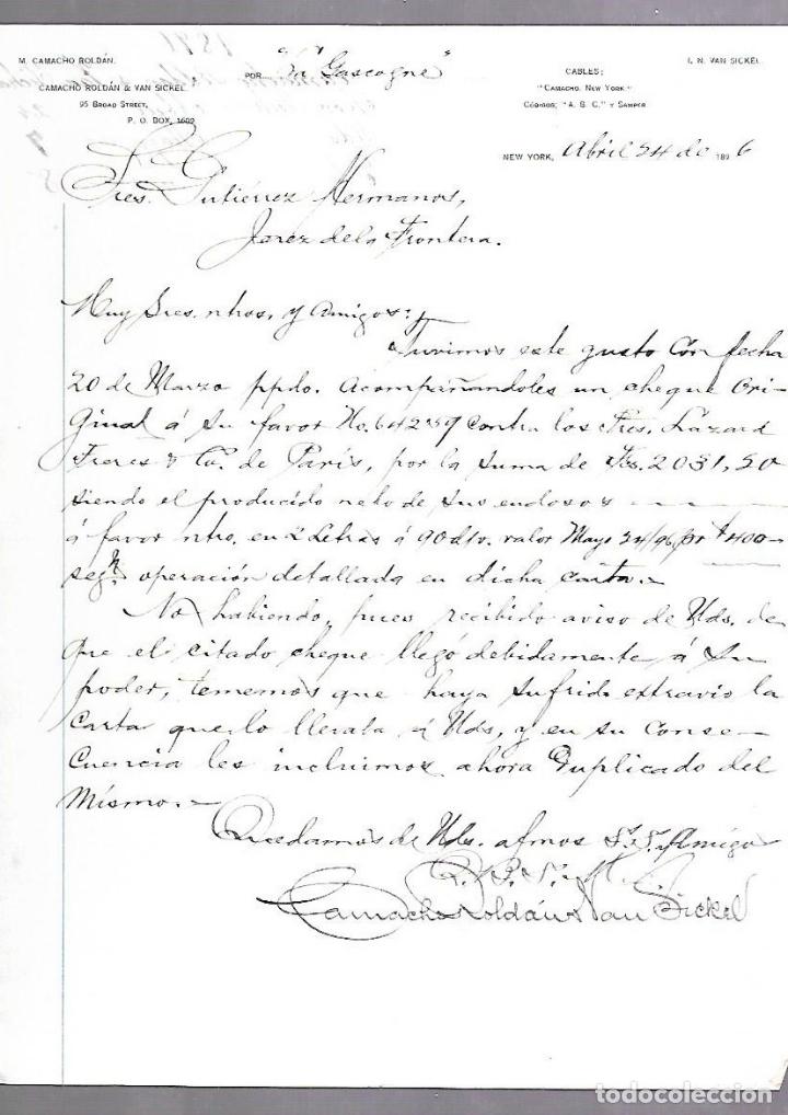 Documentos antiguos: CARTA COMERCIAL. M.CAMACHO ROLDAN. NEW YORK. 1896