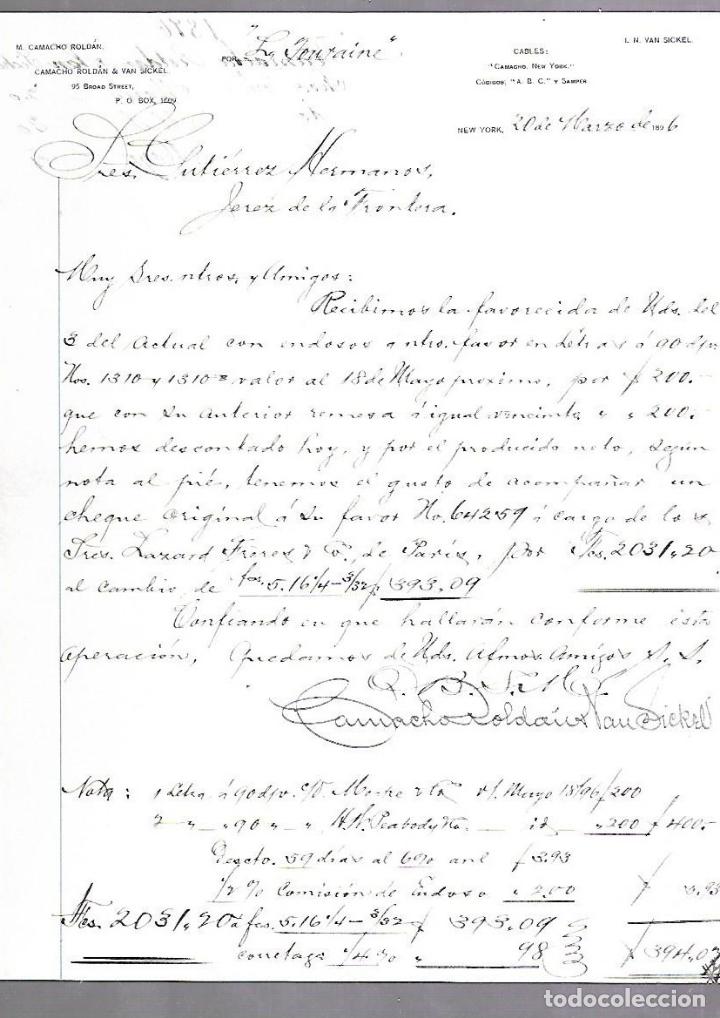 Documentos antiguos: CARTA COMERCIAL. M.CAMACHO ROLDAN. NEW YORK. 1896