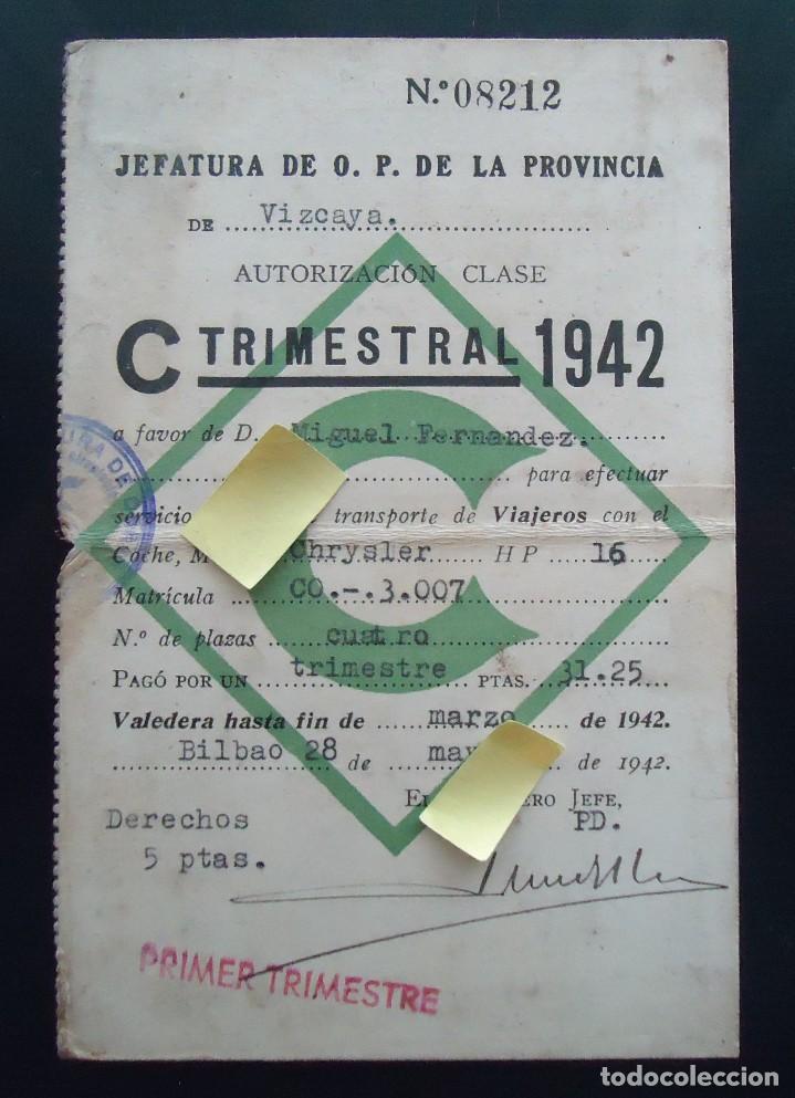 Documentos antiguos: billete transporte viajeros coche chrysler bilbao vizcaya 1942 posguerra direccion trafico automobil