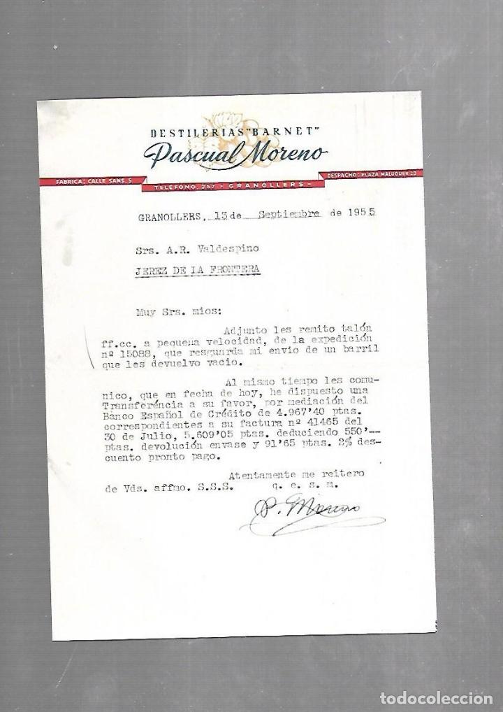 Documenti antichi: CARTA COMERCIAL. DESTILERIAS BARNET. PASCUAL MORENO. GRANOLLERS. 1955