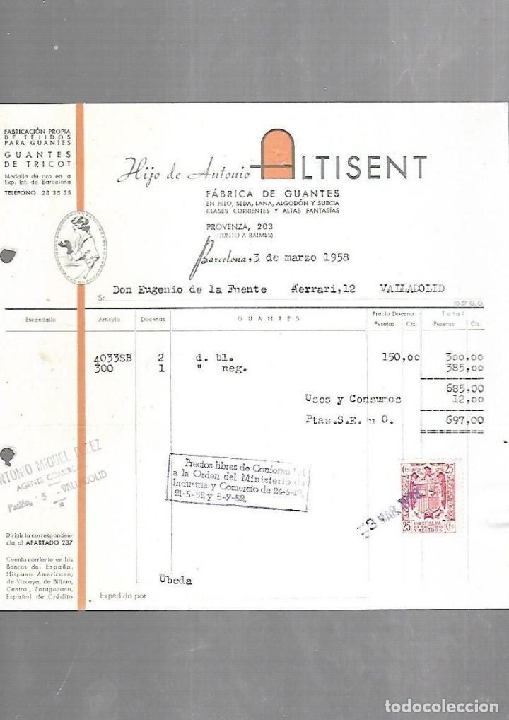 Documenti antichi: FACTURA. HIJO DE ANTONIO ALTISENT. TEJIDOS PARA GUANTES. BARCELONA. 1958