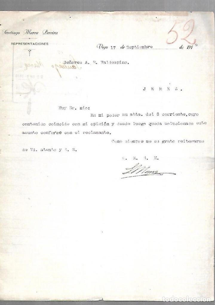 Documentos antiguos: CARTA COMERCIAL. SANTIAGO MARRA PEREIRA. REPRESENTACIONES. VIGO. 1919