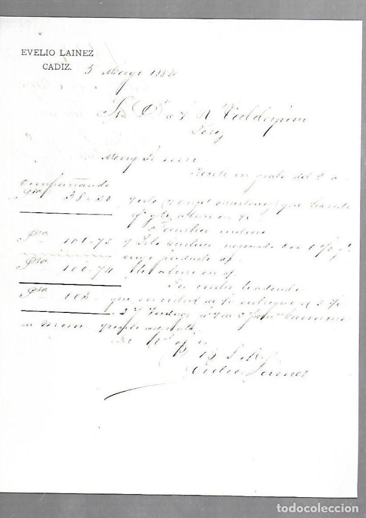Documentos antiguos: CARTA COMERCIAL. EVELIO LAINEZ. CADIZ. 1884