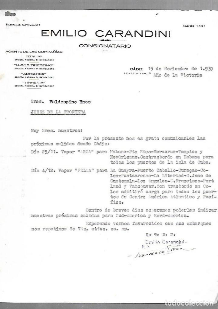 Documentos antiguos: CARTA COMERCIAL. EMILIO CARANDINI. CONSIGNATARIO. CADIZ. 1939