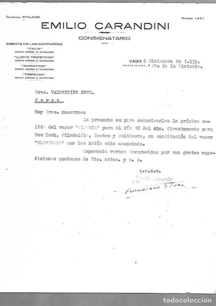 Documentos antiguos: CARTA COMERCIAL. EMILIO CARANDINI. CONSIGNATARIO. CADIZ. 1939