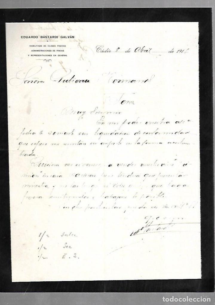 Documentos antiguos: CARTA COMERCIAL. ADMINISTRACIONES DE FINCAS. EDUARDO BASTARDI GALVAN. CADIZ. 1915