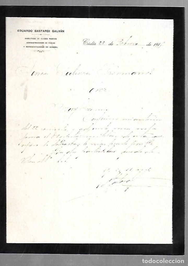 Documentos antiguos: CARTA COMERCIAL. ADMINISTRACIONES DE FINCAS. EDUARDO BASTARDI GALVAN. CADIZ. 1915
