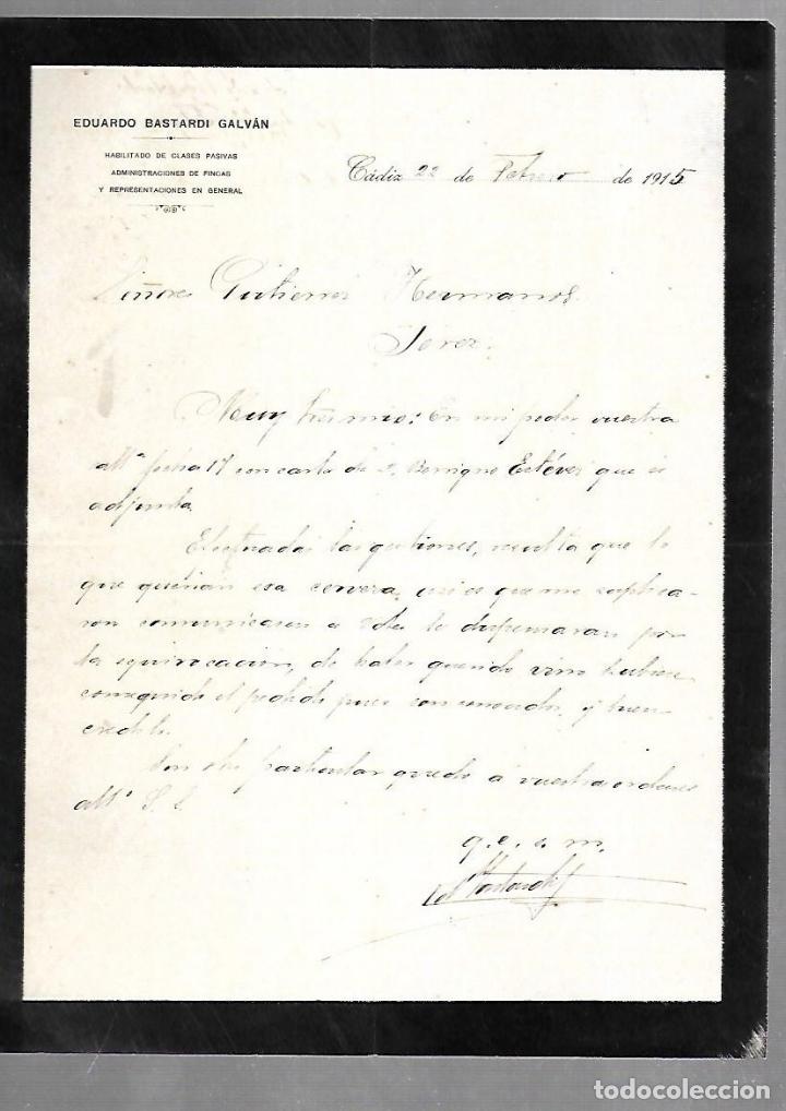 Documentos antiguos: CARTA COMERCIAL. ADMINISTRACIONES DE FINCAS. EDUARDO BASTARDI GALVAN. CADIZ. 1915