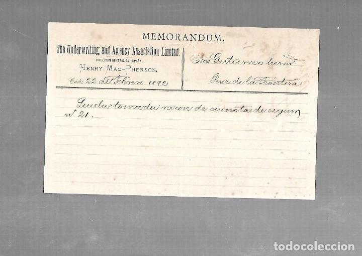 Documentos antiguos: MEMORANDUM. THE UNDERWRITINGAND AGENCY ASSOCIATION LIMITED. HENRY MAC-PHERSON. 1892
