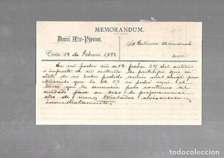 Documentos antiguos: MEMORANDUM. DANIEL MAC-PHERSON. 1892 - Foto 1